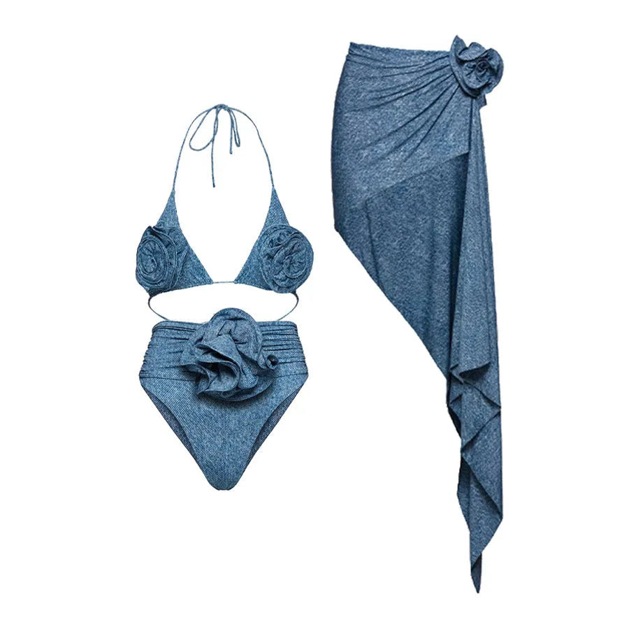 Flower Decorative One-shoulder Hollow Soft Cowboy Siamese Swimsuit - Bellarte Enchanté Flower Decorative One-shoulder Hollow Soft Cowboy Siamese Swimsuit